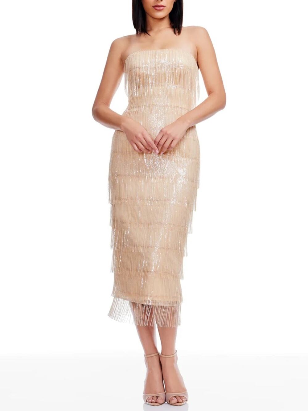 Dress The Population Viviana Fringe Dress in Champagne M